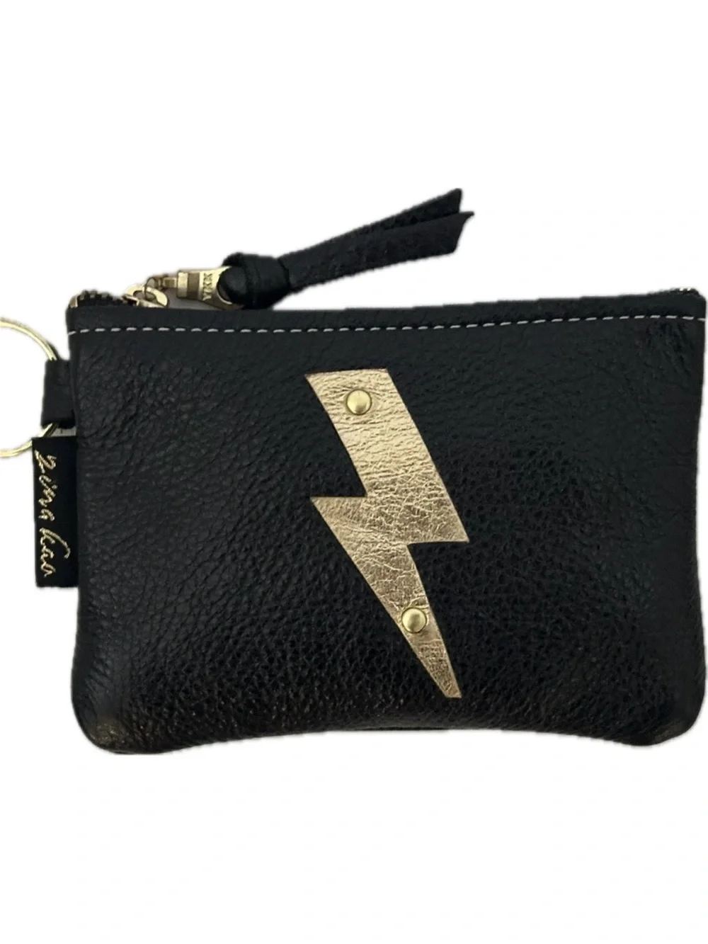 Zina Kao Gold Lightning Bolt Black Leather Coin Pouch Keyring